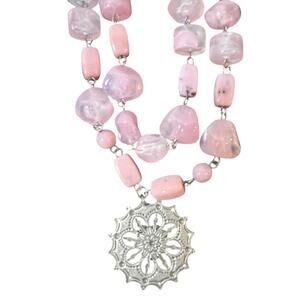 Vintage Rose Glass Bead Necklace with Silver-tone Filigree Pendant